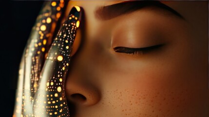 Poster - Serene Moment Woman with Artistic Light Patterns on Hand in Dimly Lit Setting