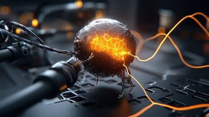 Poster - Glowing Spherical Energy Core on High-Tech Circuit Board Background