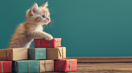 Wall Mural - Adorable kitten with gift boxes on rustic wooden table