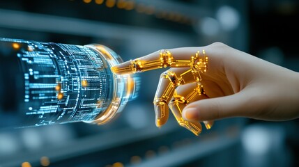 Poster - Robotic Hand Interacting with Digital Display in a Futuristic Setting
