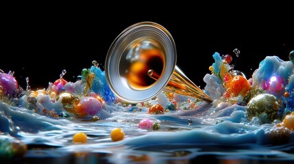 Poster - Vibrant Horn Amidst Colorful Waves - Abstract Art for Creative Inspiration