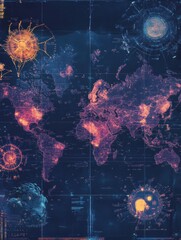 Aufkleber - World map displaying highlighted areas of viral spread with graphical overlays in a dark thematic design. Generative AI