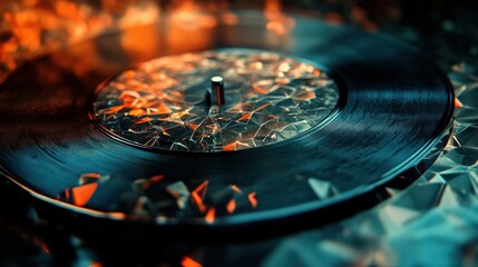 Poster - Vinyl Record on Reflective Surface with Warm Ambient Lighting