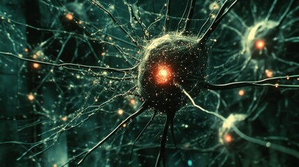 Poster - Close-Up of Neural Network with Glowing Synapses in a Digital Environment