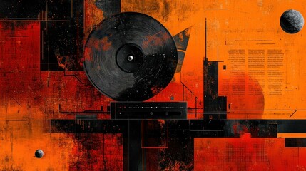 Poster - Stylized Vinyl Record on Abstract Orange and Red Background Design