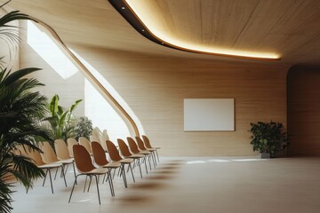 Poster - Modern conference room with wooden chairs and large window lighting