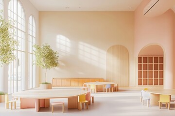 Poster - Bright modern classroom with natural light and unique furniture design