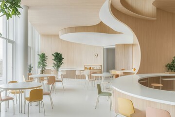 Poster - Modern minimalist café interior with curved wooden design elements and natural light