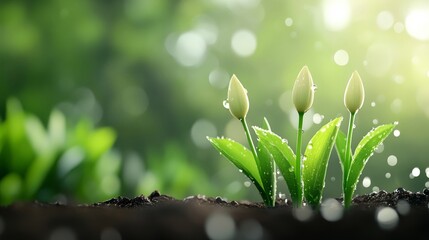 Wall Mural - Illuminated tulip buds in dewy morning light against blurred green background