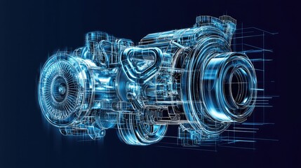 Poster - Futuristic Blueprint of a High-Tech Engine Design in 3D Format