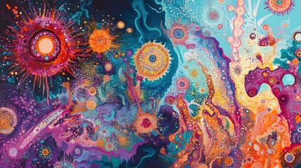 Poster - Virus transforms and mutates in a colorful abstract representation showing evolution and complexity in microscopic life. Generative AI