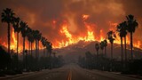 Wildfire engulfing hillside, palm trees line street, residential area, disaster scene; news, insurance