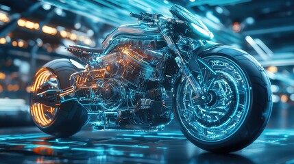 Poster - Futuristic Motorcycle Design with Neon Lights and Advanced Technology