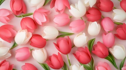 Wall Mural - Vibrant pink and white tulips with green stems on light background