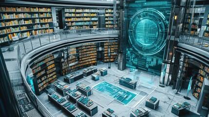 Poster - Futuristic Library Interior with Digital Technology and Bookshelves
