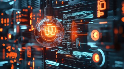 Poster - Futuristic Technology Wall with Glowing Light Bulb and Circuit Designs
