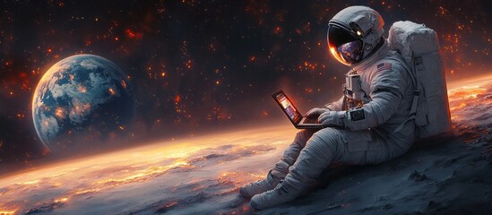 Wall Mural - a man in a spacesuit is sitting on the surface of a planet, looking at a laptop