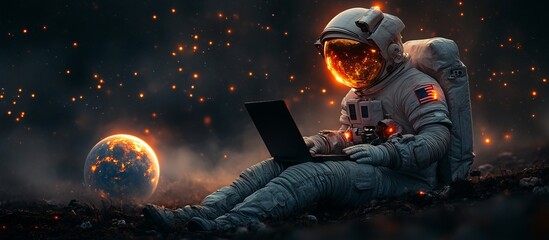 Wall Mural - a man in a spacesuit is sitting on the ground with a laptop in front of him