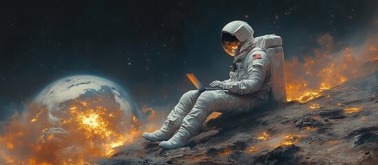 Wall Mural - a man in a spacesuit is sitting on a rocky surface with a laptop in front of him