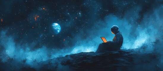 Wall Mural - a man in a spacesuit is sitting on a rock and looking at a laptop