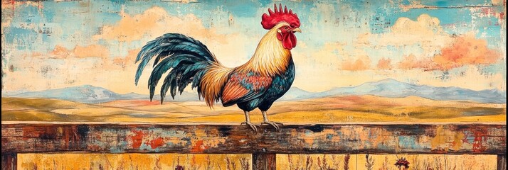 Poster - Colorful rooster perched on a rustic wooden fence against a scenic countryside backdrop. Generative AI