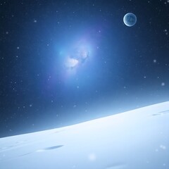 a serene winter landscape set in a vast, starry space, where snowflakes gently fall onto a blanket o