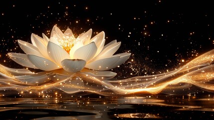 Poster - A luminous white lotus flower blossoms gracefully on a tranquil water surface. Golden sparkles surround the petals, creating a serene nighttime atmosphere filled with wonder and beauty.