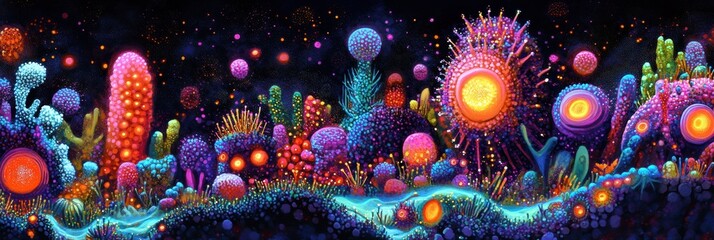 Aufkleber - Vibrant microscopic landscape showcasing glowing viruses in stunning detail. Generative AI