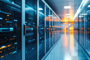 Poster - Server racks in server room cloud data center. Exit door. Datacenter hardware cluster