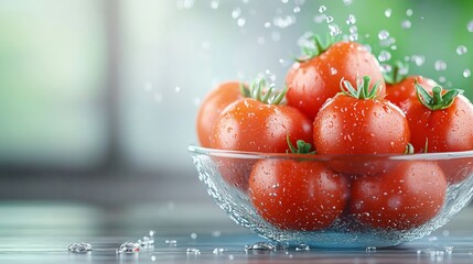 Wall Mural - Fresh red tomatoes in glass bowl with water droplets