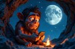 © Dipsky - A small, animated creature sits comfortably in a cave, using a smartphone while gazing at the screen. A warm campfire burns nearby, illuminating the rocky surroundings under a bright full moon.