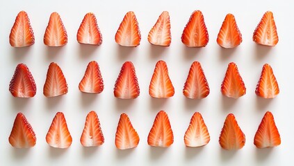 Wall Mural - Halved strawberries arranged in rows on white background. (1)