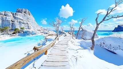 Winter Wonderland  Wooden Boardwalk to Turquoise Ocean
