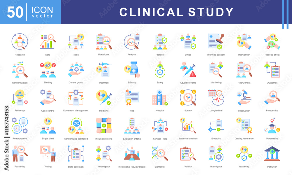 Clinical study icon collection set. Containing adverse event, baseline ...