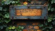 © Atmospheric stock - Rustic wooden sign on brick wall surrounded by lush green ivy foliage