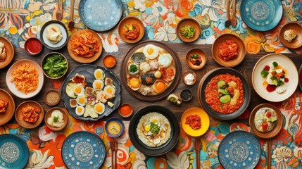 Aufkleber - Experience a colorful spread of traditional Korean dishes with kimchi, bibimbap, and dumplings on a vibrant table. Generative AI
