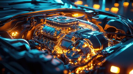 Poster - Vibrant Detailed Engine Interior with Illuminated Components