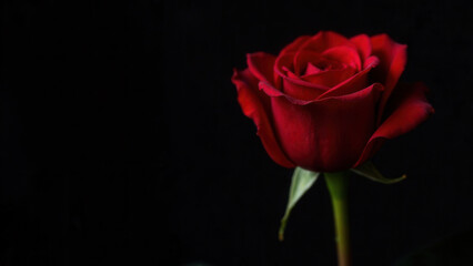 Poster - A vibrant red rose stands tall with intricate petals and green leaves, beautifully contrasted against a black background, highlighting its elegance and simplicity in a serene setting.