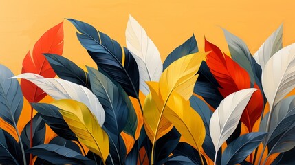 Poster - A vibrant collection of leaves in various shades of red, yellow, white, and blue fills the space. The warm orange background enhances the visual appeal, creating a lively atmosphere.