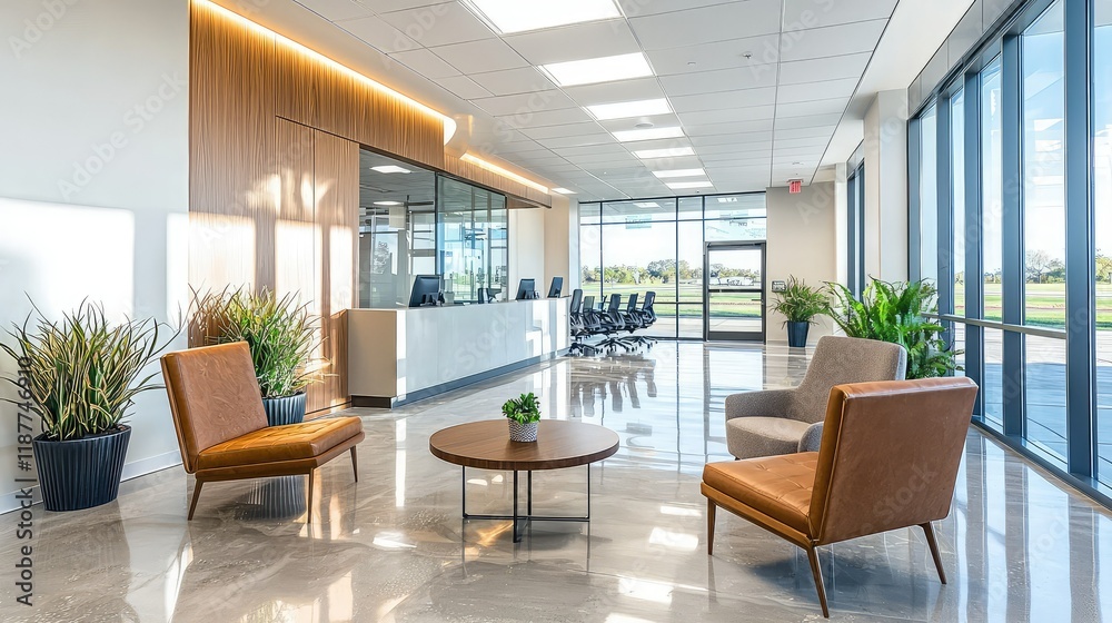 Modern Elegant Office Reception Area with Natural Light and Plants ...