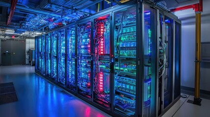 Poster - Vibrant LED Server Rack in Modern Data Center Environment
