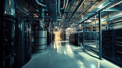 Poster - Modern Data Center Interior with Rows of Servers and Industrial Design