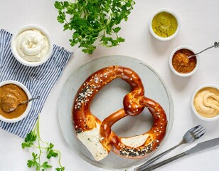 Wall Mural - Bavarian Pretzel with an Array of Gourmet Dips