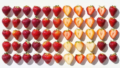 Poster - Rows of whole and halved strawberries on white background. (1)