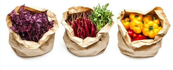 Wall Mural - Three paper bags filled with fresh produce red lettuce, red peppers and herbs, and yellow and red bell peppers.