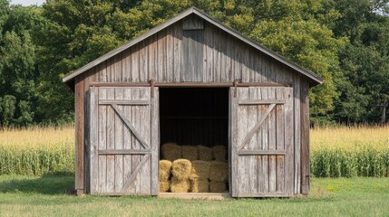 Poster - Weathered wooden barn reveals bundles of hay under open doors in a rural setting during summer. Generative AI