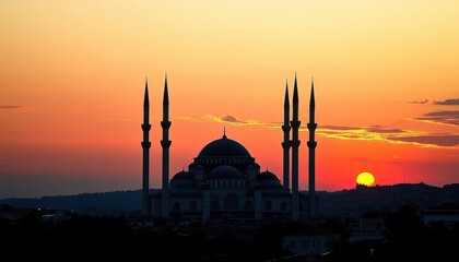 Poster - Sunset Silhouette of Mosque with Minarets.