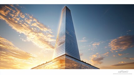 Poster - Modern skyscraper at sunset, low angle view.