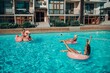 © svetograph - A group of people are in a pool with pink and white floats. Scene is fun and lighthearted.