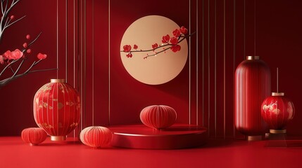 Wall Mural - Chinese New Year set featuring elegant red and gold decorations, lanterns, and minimalist artwork symbolizing luck and happiness.